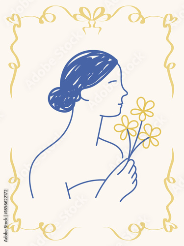 Romantic Woman Character Portrait Line Doodle Art. ravel Vacation Agency Flyer Design. Mediterranean Amalfi Life Style Greeting Card. Vintage Poster Lace Frame
