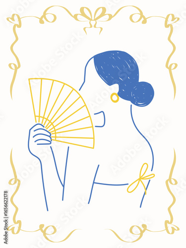 Romantic Woman Character Portrait Line Doodle Art. ravel Vacation Agency Flyer Design. Mediterranean Amalfi Life Style Greeting Card. Vintage Poster Lace Frame