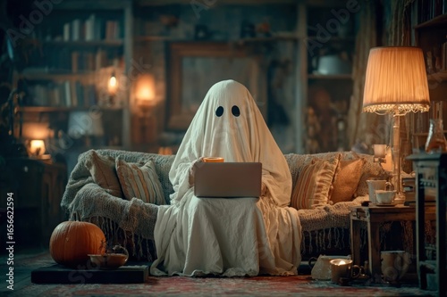 Person in ghost costume using laptop indoors