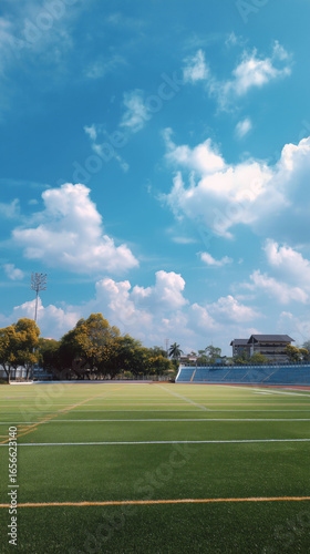 Exciting football game in sunny stadium sports field outdoor daytime vibrant atmosphere