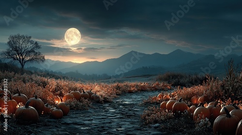 Pumpkin patch glowing under moonlight, Halloween party scene