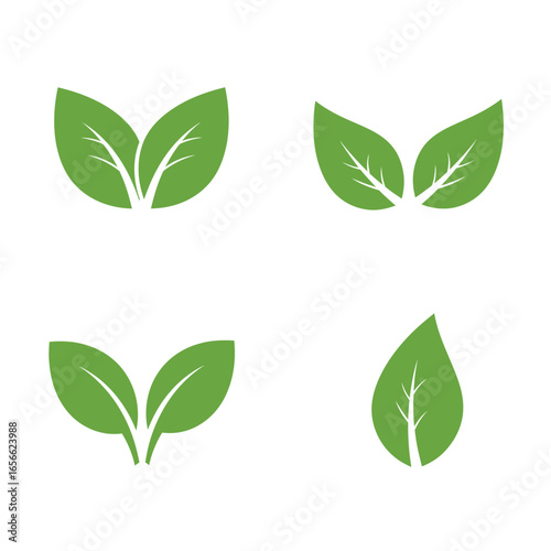 Four Green Leaf Icons Representing Nature and Growth