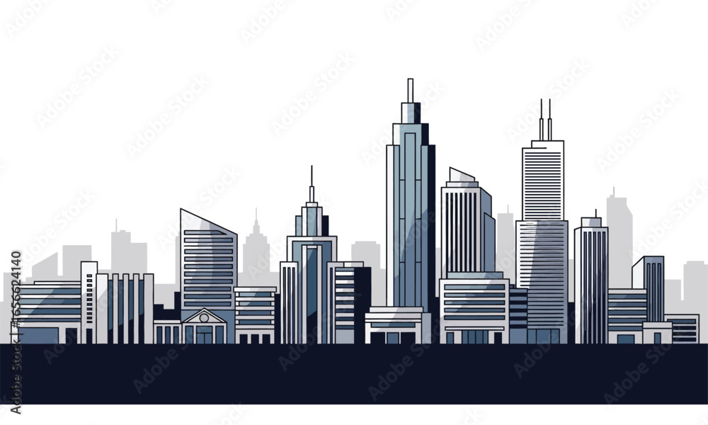 Naklejka premium Modern skyline with skyscrapers and urban buildings. A stylized vector illustration of a cityscape for business, architecture, and technology themes.