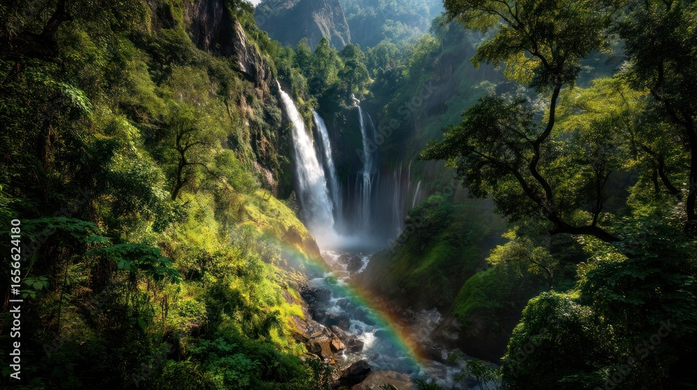 Fototapeta premium Spectacular Cascade in Verdant Valley: A majestic waterfall cascades down a moss-covered cliff in a lush, verdant valley, where a vibrant rainbow graces the scene, enhancing the beauty.