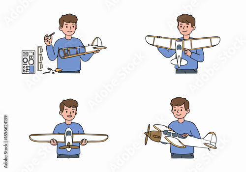 Illustration showing the step-by-step assembly of a model airplane by a hobbyist, from initial parts to the completed aircraft, highlighting a creative and engaging craft project.
