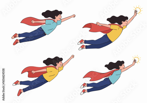 Empowered female superhero soaring and reaching for the sun, symbolizing ambition, success, and overcoming challenges.