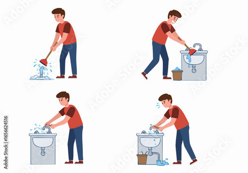 Man Solving Plumbing Problems with a Plunger and Dealing with Leaks