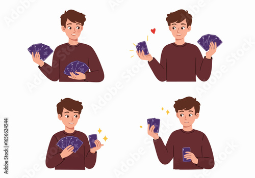 Young Man Playing Card Games in Various Poses, Showing Excitement, Strategy, and Winning Moments. Character Illustration for Gaming and Leisure Concepts.