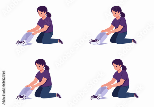 Illustrative sequence: a person carefully using a container to capture and safely remove a spider, demonstrating humane pest control and overcoming arachnophobia.