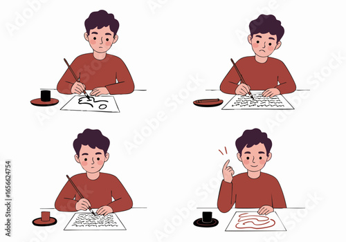 Illustration of a young man's creative journey, from struggle to inspiration, as he develops ideas using a traditional brush pen.