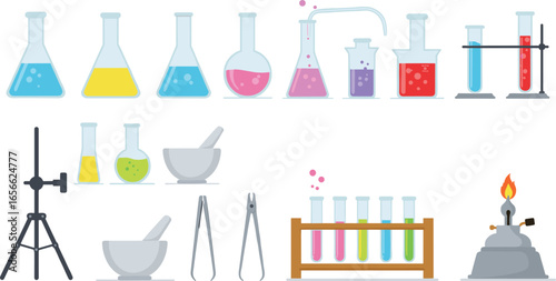 Cartoon science lab equipment illustration, chemistry glassware set, laboratory tools, educational science icons, colorful experiment beakers and flasks