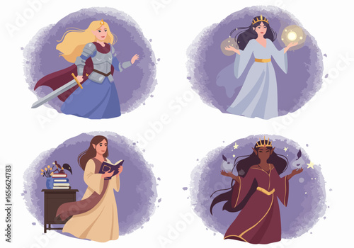 Diverse Fantasy Female Characters: A Collection of Warrior, Sorceress, Scholar, and Mystic Archetypes with Magical Elements