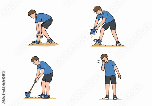 Illustrative sequence of sand play and its potential for dust-related allergic reactions or discomfort.