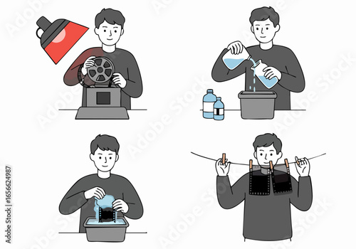 Traditional Film Development Process: A Man's Journey from Darkroom to Drying Negatives, Illustrating Analog Photography Workflow.