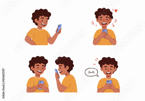Happy Young Boy Using Smartphone with Various Emotions and Interactions: Texting, Talking, and Expressing Joy. Cartoon Flat Vector Set.