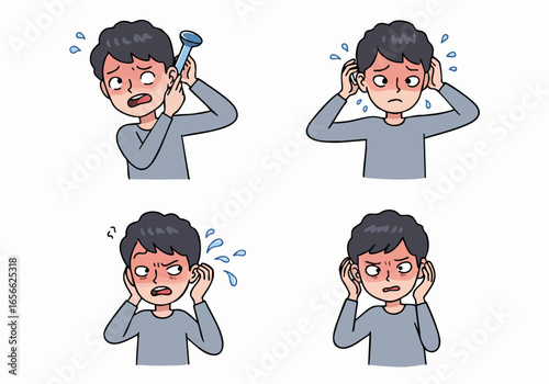 Set of Illustrations: Man Suffering from Ear Pain, Discomfort, and Hearing Issues