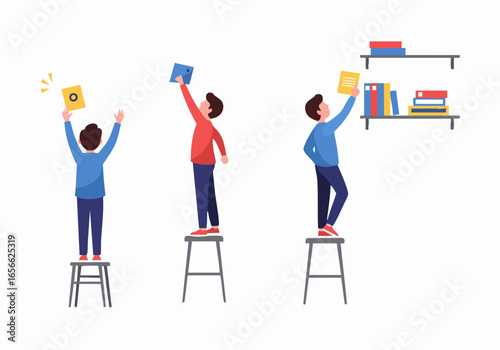 Three individuals on stools engaged in information management, reaching for and organizing documents and books on shelves, symbolizing knowledge acquisition and data access.