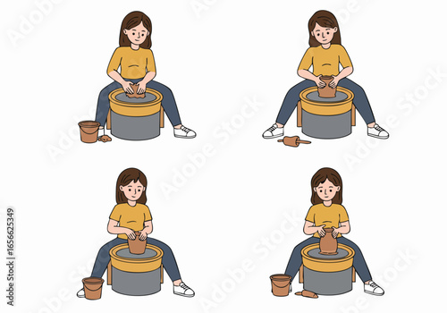Woman making pottery on a wheel, sequential steps of ceramic creation shown in four illustrations.