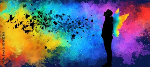 Colorful Abstract Scene with Silhouette and Butterfly Wings Effect