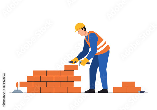 A construction worker with a yellow helmet building a brick wall