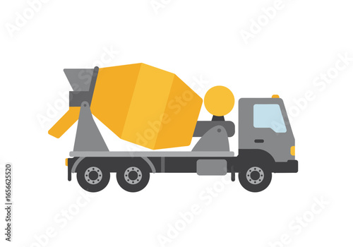 A gray cartoon concrete mixer truck with a yellow mixer sits against a white background