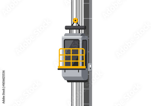 A gray elevator car is depicted on a vertical gray shaft with a yellow railing and a yellow pulley at the top