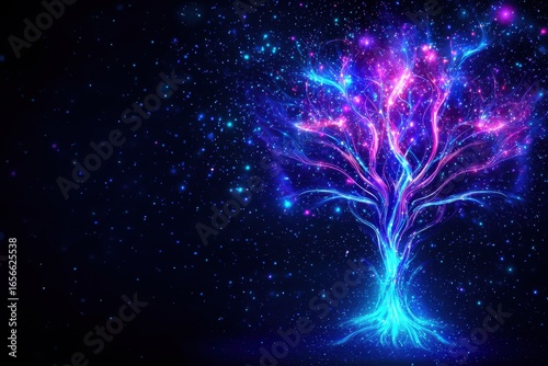 Ethereal Tree of Light with Cosmic Colors and Starry Background