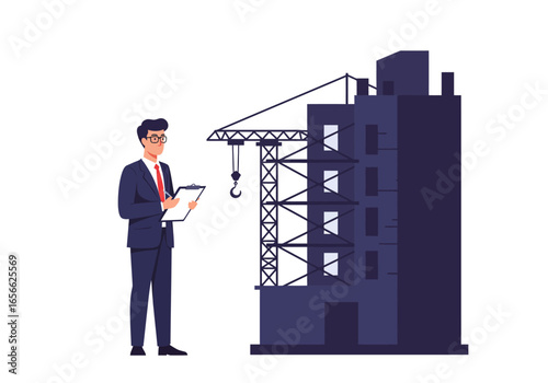 A man in a suit writes on a clipboard near a building under construction with a crane