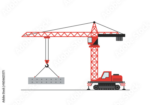 A red crane lifts a concrete block illustrating construction