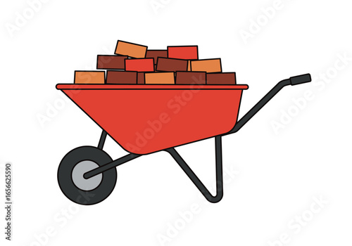A red wheelbarrow is overflowing with bricks