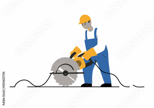 A worker operates a circular saw on the ground