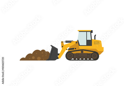 A yellow bulldozer scoops a pile of brown dirt with a grey bucket