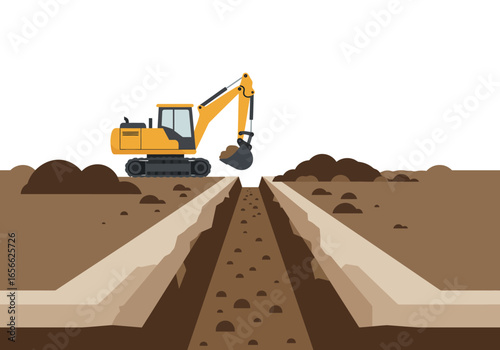 A yellow excavator digs a trench in a dirt landscape
