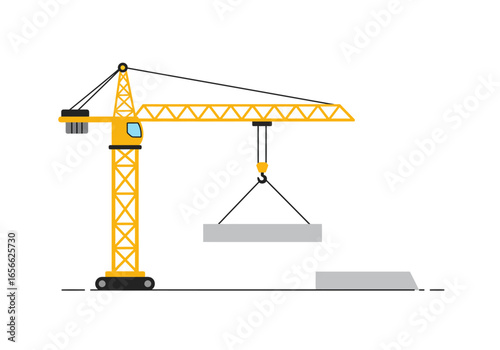 A yellow construction crane lifts a gray slab near a groundlevel slab