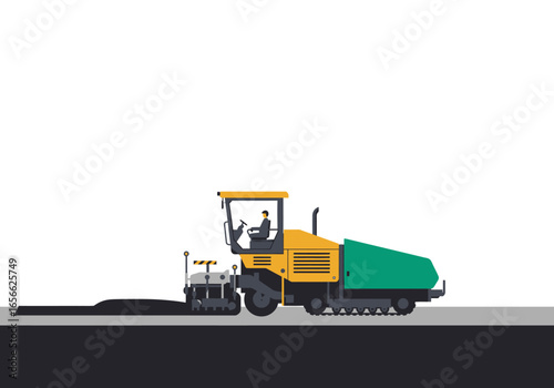A yellow  green asphalt paver machine laying black asphalt on a grey surface Driver visible in the cab