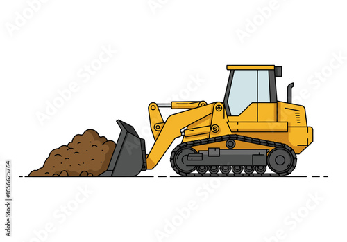 A yellow tractor pushing a pile of dirt in an illustrated scene