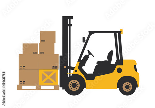 A yellow forklift carries a stack of cardboard boxes on a wooden pallet
