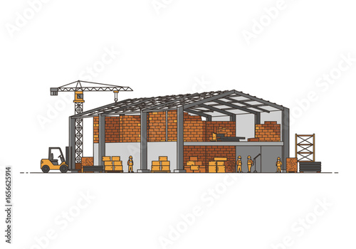 Construction site building with bricks crane forklift materials workers