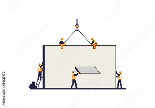 Construction workers install a precast concrete panel with a crane and ladder