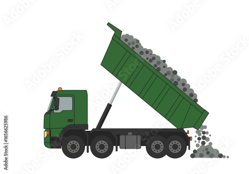 Green dump truck depositing rocks on a white background