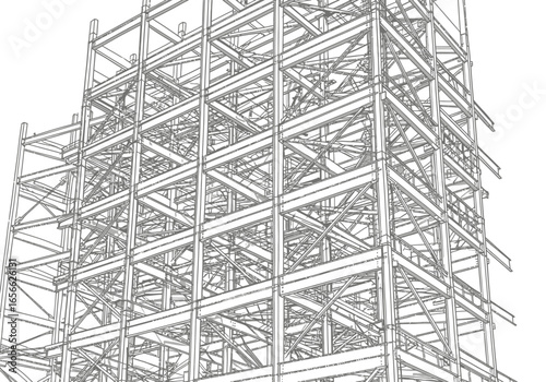 Steel framework against white background depicts building under construction showing beams girders and supports