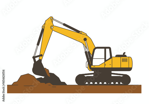 Yellow excavator digging a pile of dirt on a brown surface