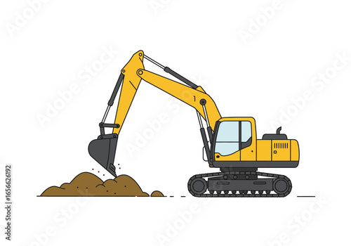 Yellow excavator digging into a pile of dirt with tracks on the ground