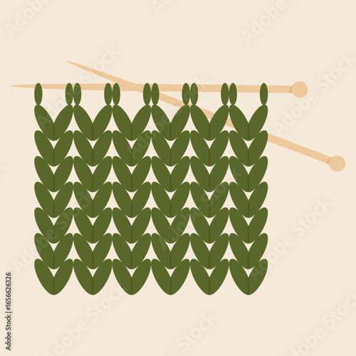 Green knitted item with wooden needles on a light background. Vector illustration.