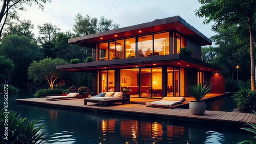 A modern tropical luxury villa with elegant wooden design, a beautiful swimming pool, and charming green natural nuances that provide a comfortable and calm atmosphere