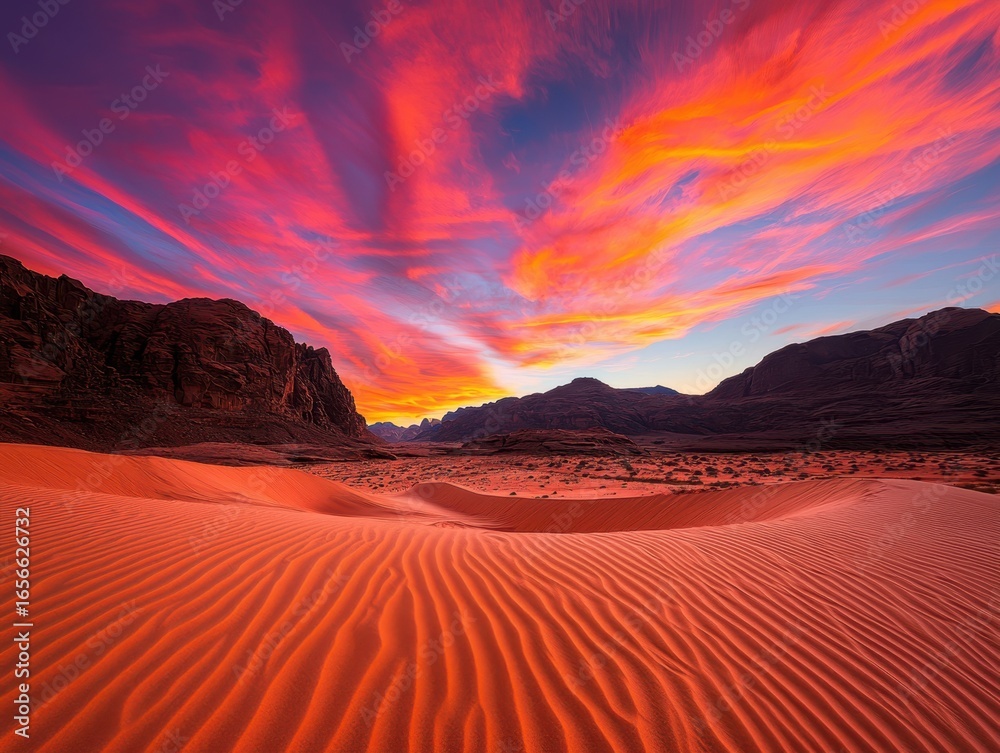Fototapeta premium Majestic Desert Sunset with Vibrant Sky and Sandy Dunes