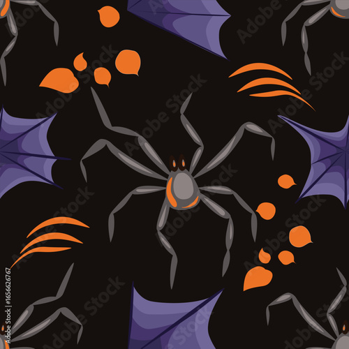 Seamless Halloween pattern with spider bat wings pumpkins and claw marks on black background
