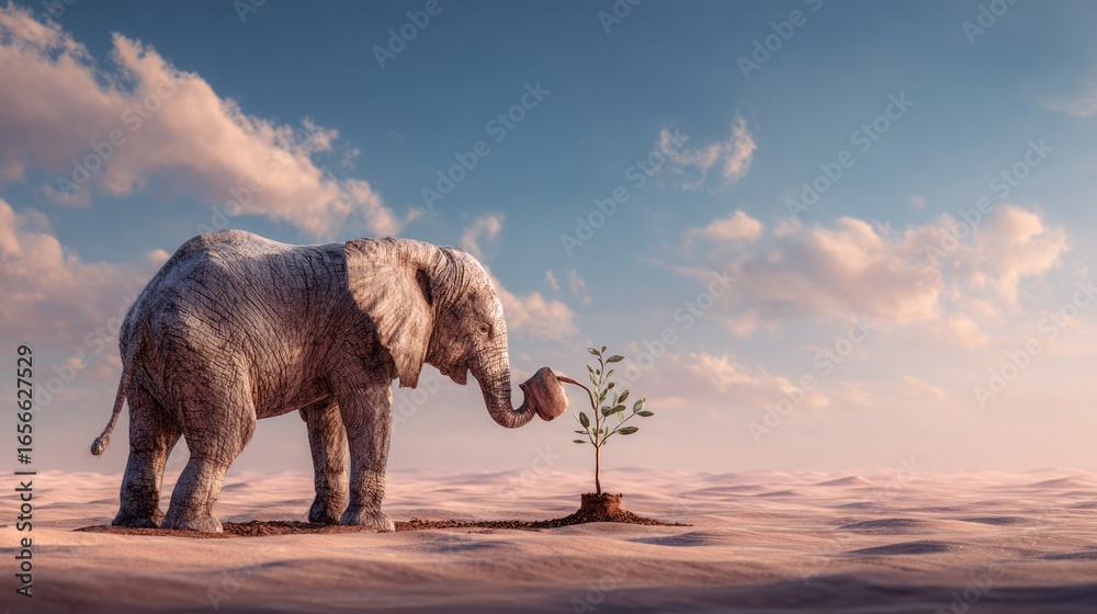 Fototapeta premium Elephant watering a sapling in a desert landscape
