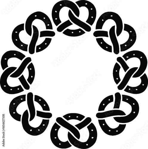 Circular arrangement of black pretzel silhouettes with salt dots on a white background