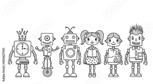 A line-up of cartoon robots and children, depicted in black and white, standing together.